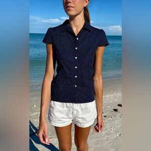 Brandy Melville Rue Polka Dots Top, Navy, Button Down, size small, NWOT